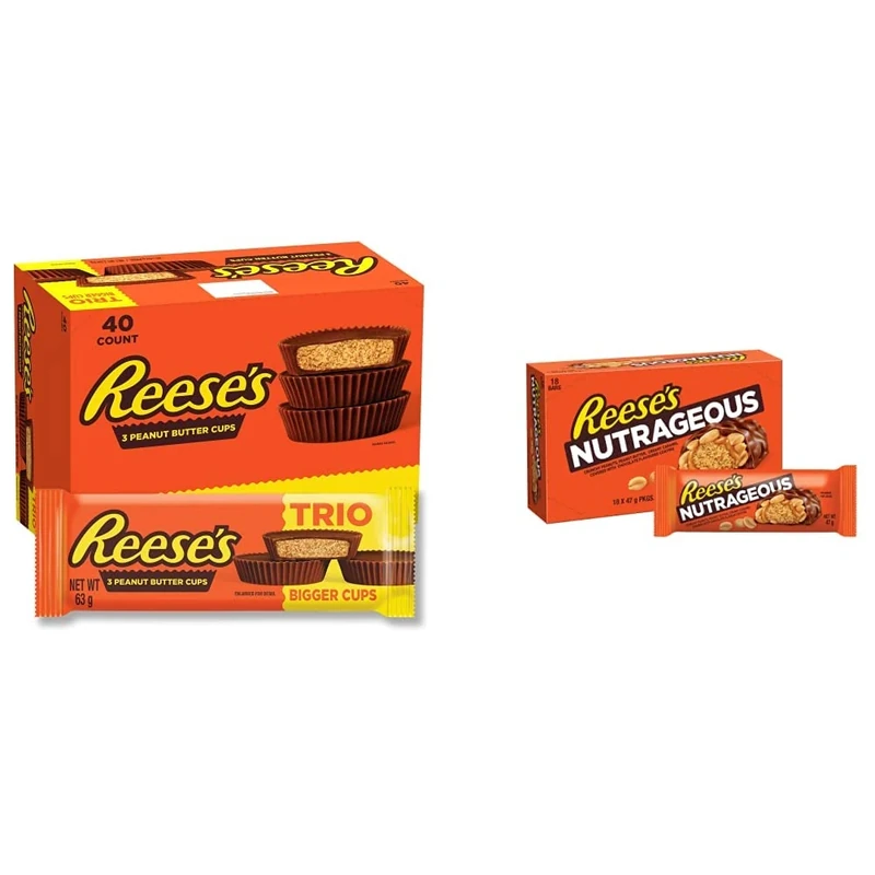Reese's Peanut Butter Cups, Trio 3 Milk Chocolate Flavour Cups, Pack of 40 x 63 g & Peanut Butter Nutrageous Bars, Milk Chocolate Flavour Bars, Pack of 18 x 47 g
