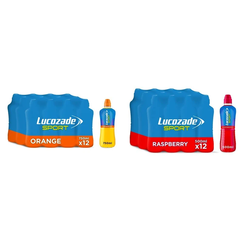 Lucozade Sport Isotonic Drink Orange Flavour with Sugars and Sweetener - 750ml |Pack of 12 & Sport Raspberry, 500 ml (Pack of 12)