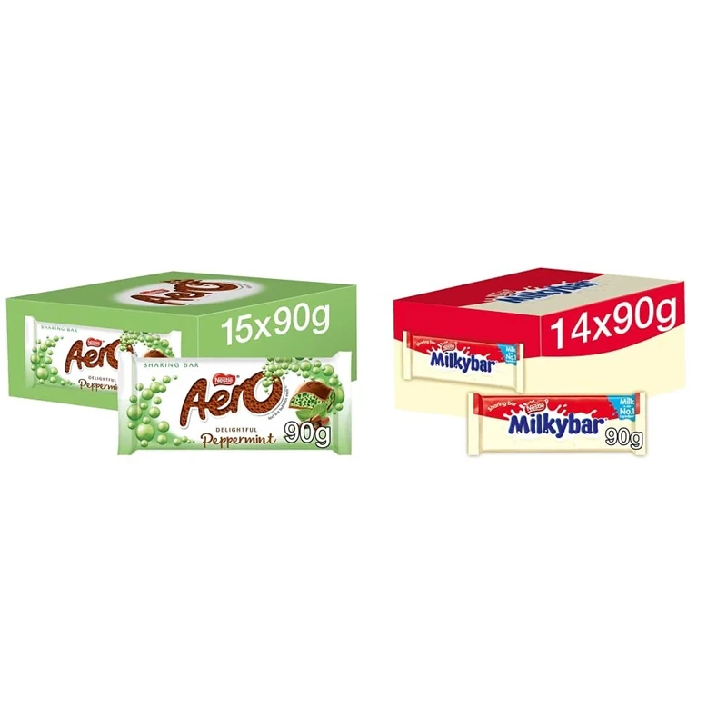 AERO - Bubbly Peppermint Milk Chocolate Sharing Bars | 15 x 100g Chocolate Bars & MILKYBAR - White Chocolate Bars | 14 x 90g Chocolate Bars