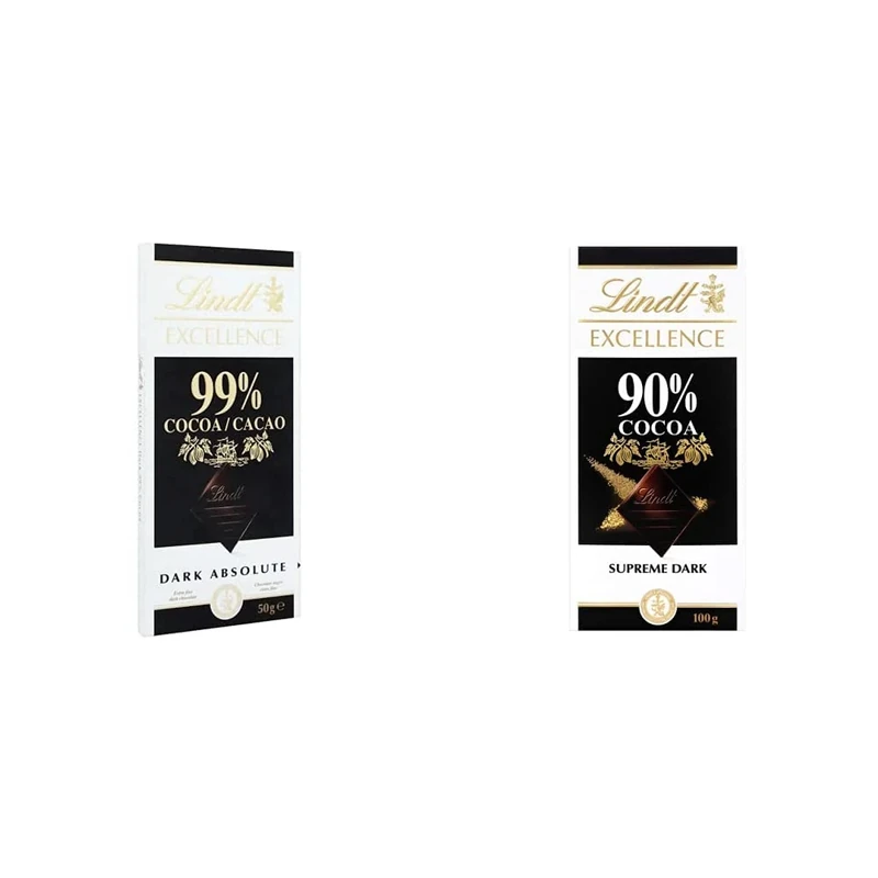 Lindt EXCELLENCE Dark Absolute 99% Cacao Vegan Friendly Chocolate Bar - 50 g (Pack of 18 Bars) & EXCELLENCE Dark 90% Intense Cacao Vegan Friendly Chocolate Bar, 100 g (Pack of 1)