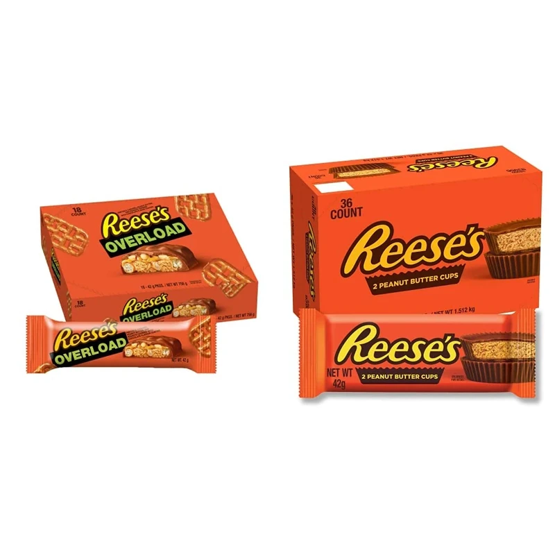 Reese's Overload, 42 g - Pack of 18, & Peanut Butter Cups, 2 Milk Chocolate Flavour Cups, Pack of 36 x 42 g