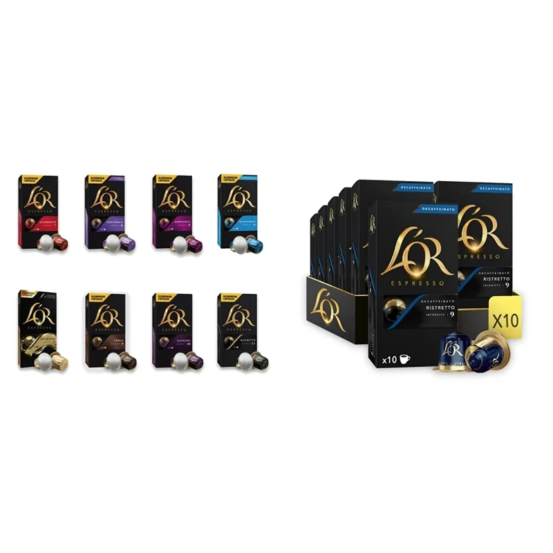 L'OR Favourites Assortment Nespresso Compatible Coffee Pods (Pack of 8, Total 80 Drinks) & Espresso Ristretto Decaf Intensity 9 Nespresso Compatible Coffee Pods (Pack of 10, Total 100 Coffee Capsules)