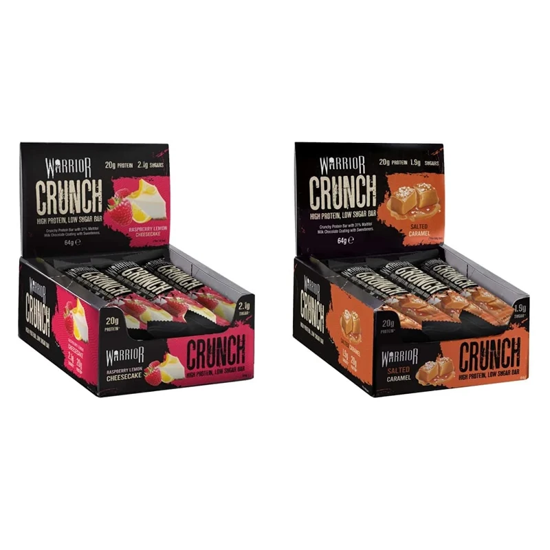 Warrior CRUNCH High Protein Bars - 20g Protein Each - Raspberry Lemon Cheesecake - Pack of 12 x 64g B174-RL & Salted Caramel - Crunch - 12 Bars