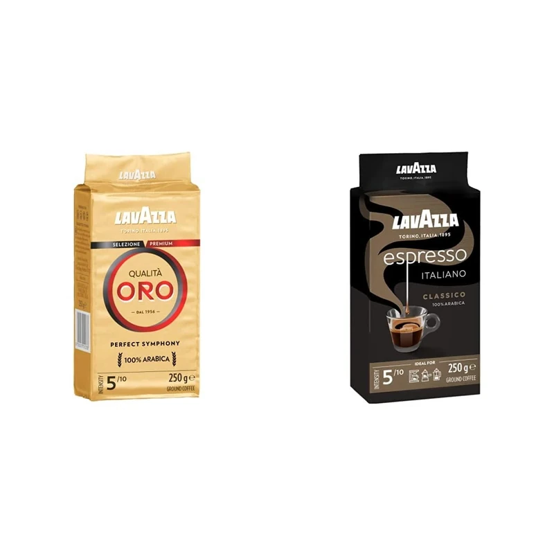 Lavazza Qualità Oro, 100% Arabica Medium Roast Ground Coffee, 250 g, (Pack of 6) & Caffe Espresso, 100% Arabica Light Roast Ground Coffee, 250 g, (Pack of 6)