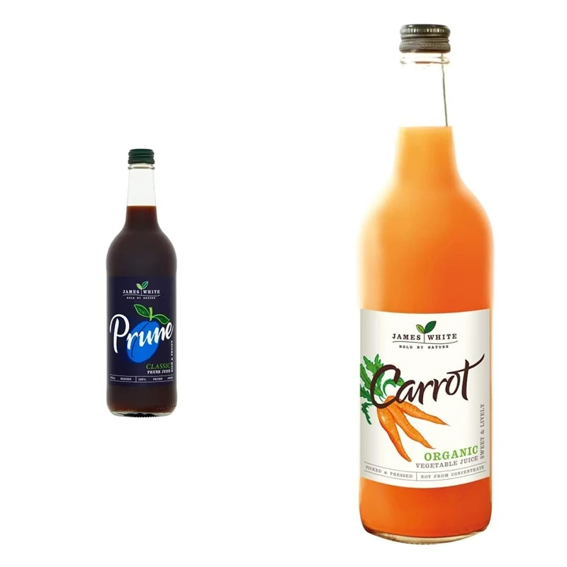 James White Prune Juice 750ml (Pack of 6) - All Natural - Vegan - No Added Sugar & James White Organic Carrot Juice - Vegan - No Added Sugar - Picked and Pressed (Pack of 6 x 750ml)