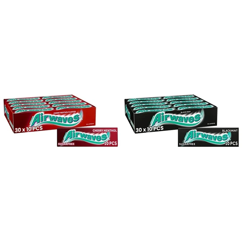 Airwaves Chewing Gum, Sugar Free, Cherry Menthol, 30 Packs of 10 Pieces & Airwaves Chewing Gum, Sugar free, Black Mint Menthol, 30 Packs of 10 Pieces