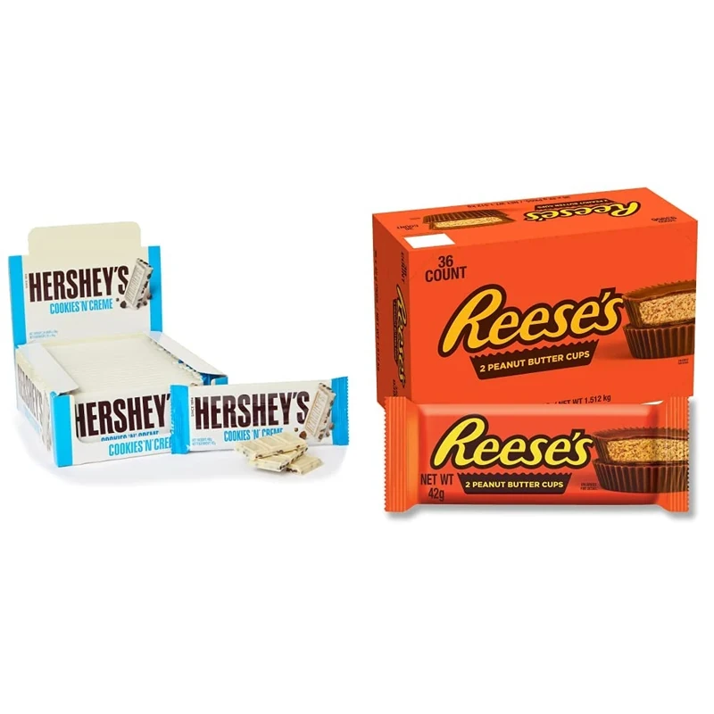 Hershey's Cookies ‘n’ Crème, White Chocolate Flavour with Cookie Pieces, Pack of 24 x 40g & Reese's Peanut Butter Cups, 2 Milk Chocolate Flavour Cups, Pack of 36 x 42 g