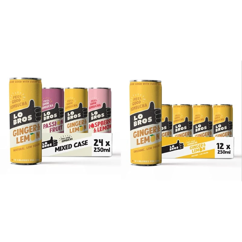 Lo Bros Kombucha Mixed Pack 24 x 250ml – Vegan, Gluten Free, Low Sugar, Live Cultures & Kombucha Ginger Lemon Low Sugar 12 x 250ml – Vegan, Gluten Free, Low Sugar, Live Cultures