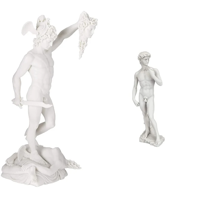 Design Toscano Michelangelo's David Statue, 30.5 cm, Bonded Marble Polyresin, White & Perseus Beheading Medusa Greek Gods Statue, Marble Polyresin, White, 30.5 cm