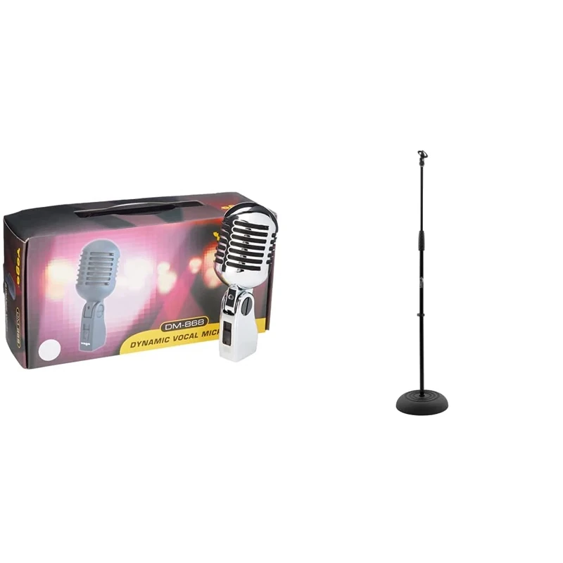 Pulse PLS00093 Retro Style Chrome Microphone - Silver/Chrome & Tiger Microphone Stand with Round Base - Black