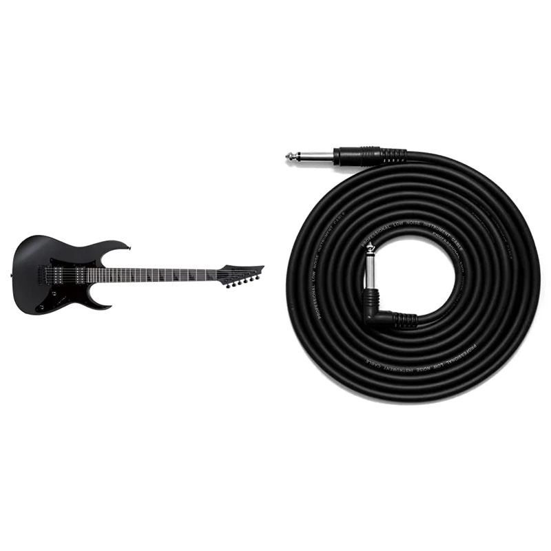 Ibanez GRGR131EX-BKF GIO Stealth Series Electric Guitar - Black Flat & TIGER GAC42 Guitar Bass Keyboard E-Drums Lead - Straight/Angled - 6.35mm 1/4" Jacks - 3m Cable