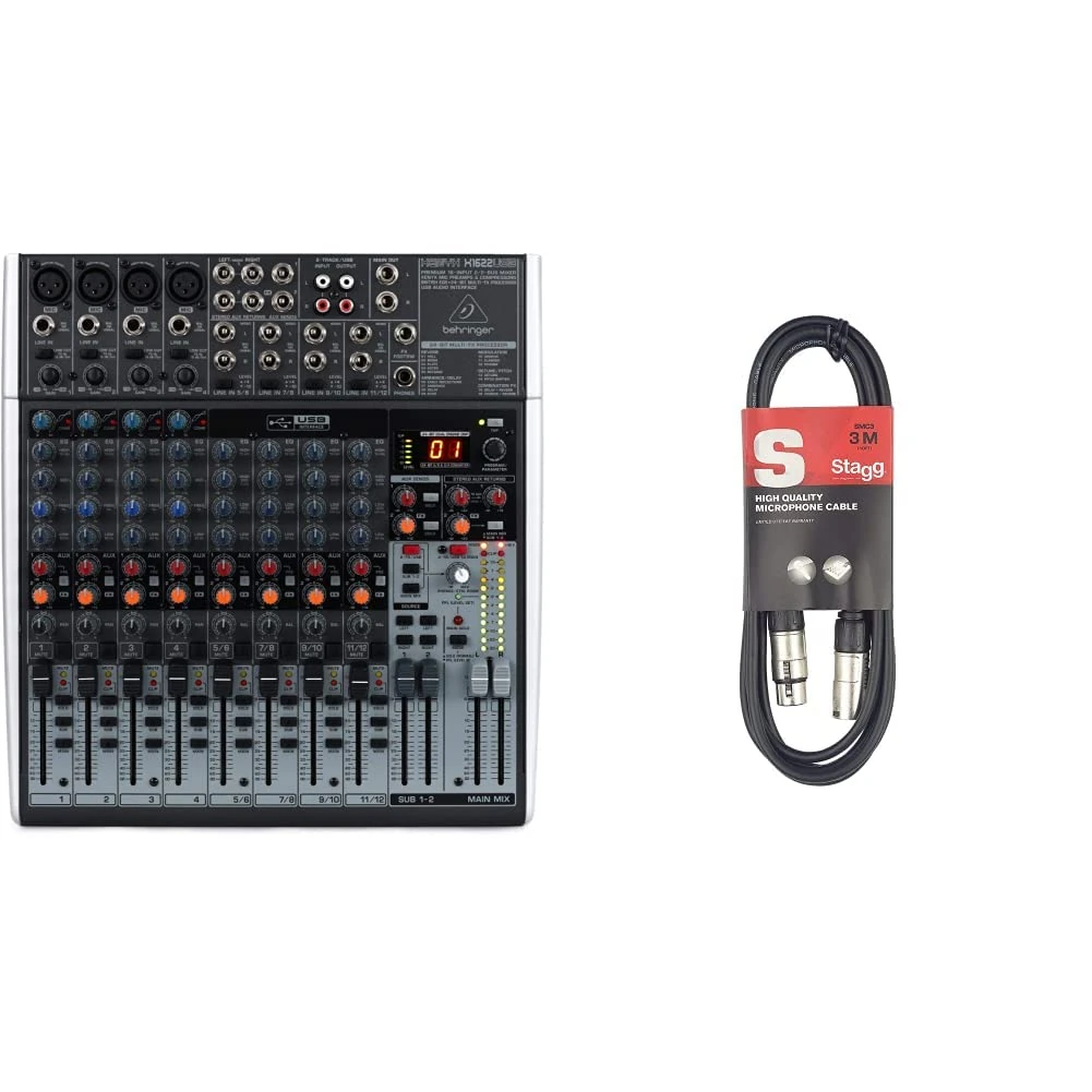 Behringer XENYX X1622USB Premium 16-Input 2/2-Bus Mixer with XENYX Mic Preamps and Compressors & Stagg SMC3 3m XLR to XLR Plug Microphone Cable, Black
