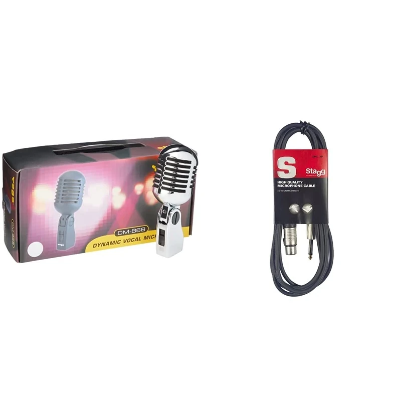 Pulse PLS00093 Retro Style Chrome Microphone - Silver/Chrome & Stagg SMC6 6 metre standard microphone cable