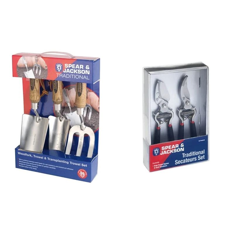 Spear and Jackson TRAD3PS Traditional Stainless Steel Set, Multi-Colour & Spear and Jackson CUTTINGSET8 Traditional Bypass and Anvil Secateurs Set (Twin Pack), Blue, 15.5 cm*24.0 cm*4.5 cm