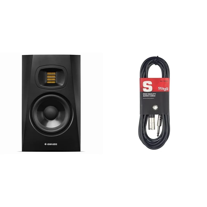 ADAM Audio T5V Studio Monitor for recording, mixing and mastering, Studio Quality Sound (Single) & Stagg SAC3PXM DL 3m/10 ft Deluxe XLR Male to Jack Cable
