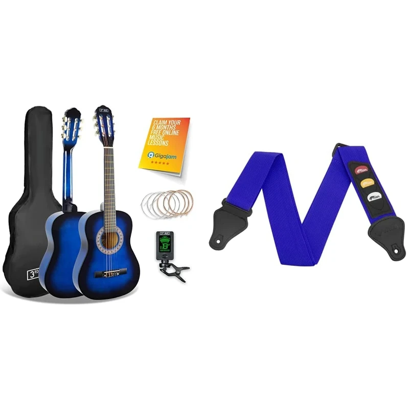 3rd Avenue 1/2 Size Kids Classical Guitar Spanish Nylon String Beginner Pack Bundle - 6 Months FREE Lessons, Bag, Strings – Blue & TIGER STP4-BL Guitar Strap with Plectrum Holders - Blue