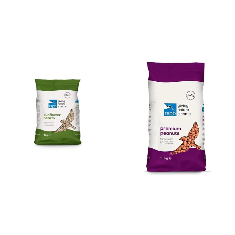 RSPB Sunflower Hearts Wild Bird Food 4kg, High in Energy & Protein & Premium Peanuts 1.8Kg Wild bird Food, supporting Charity, Re-sealable & recyclable pouches