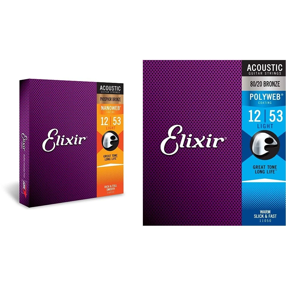 Elixir 11050 Strings 80/20 Bronze Acoustic Guitar Strings w POLYWEB Coating, Light (.012-.053) & 16052 Strings Phosphor Bronze Acoustic Guitar Strings w NANOWEB Coating, Light (.012-.053)