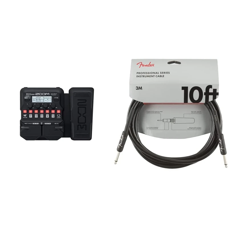 Zoom G1X Four pedal & Fender 990820025 Professional Series Instrument Cable - 10 ft - STR/ANG - black, 3 metre