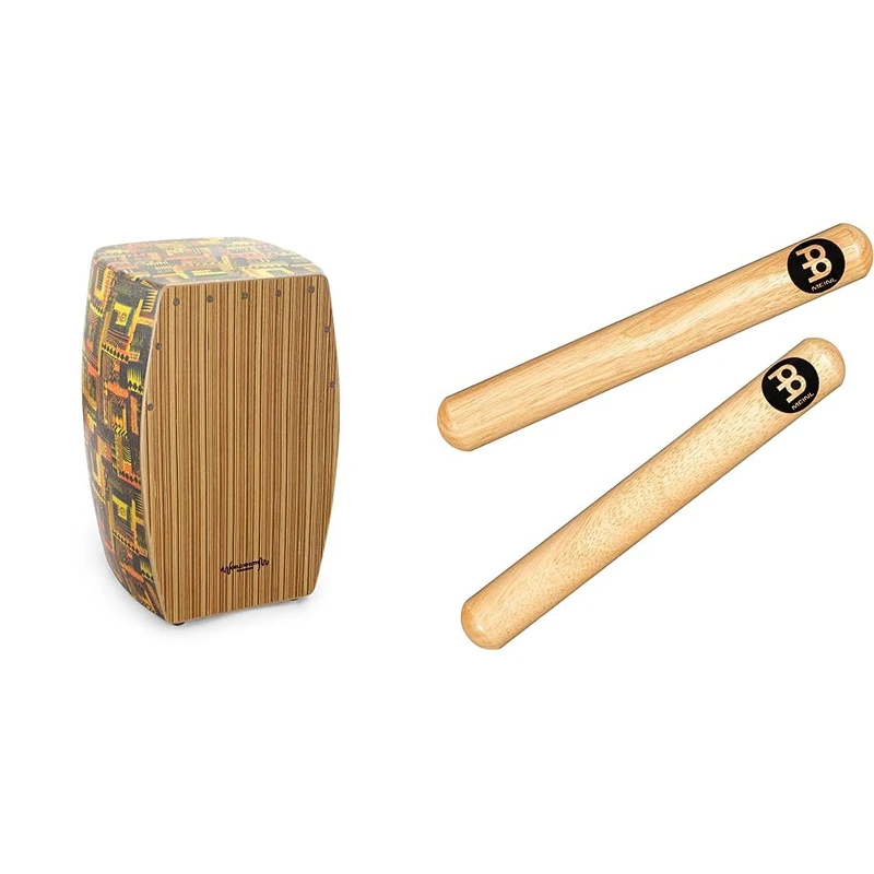 Cajon Cahon Full Size Box Drum with Adjustable Snare - Zebrawood - World Rhythm CAJ3-DK & Meinl Classic Claves - Hardwood (1 pair)