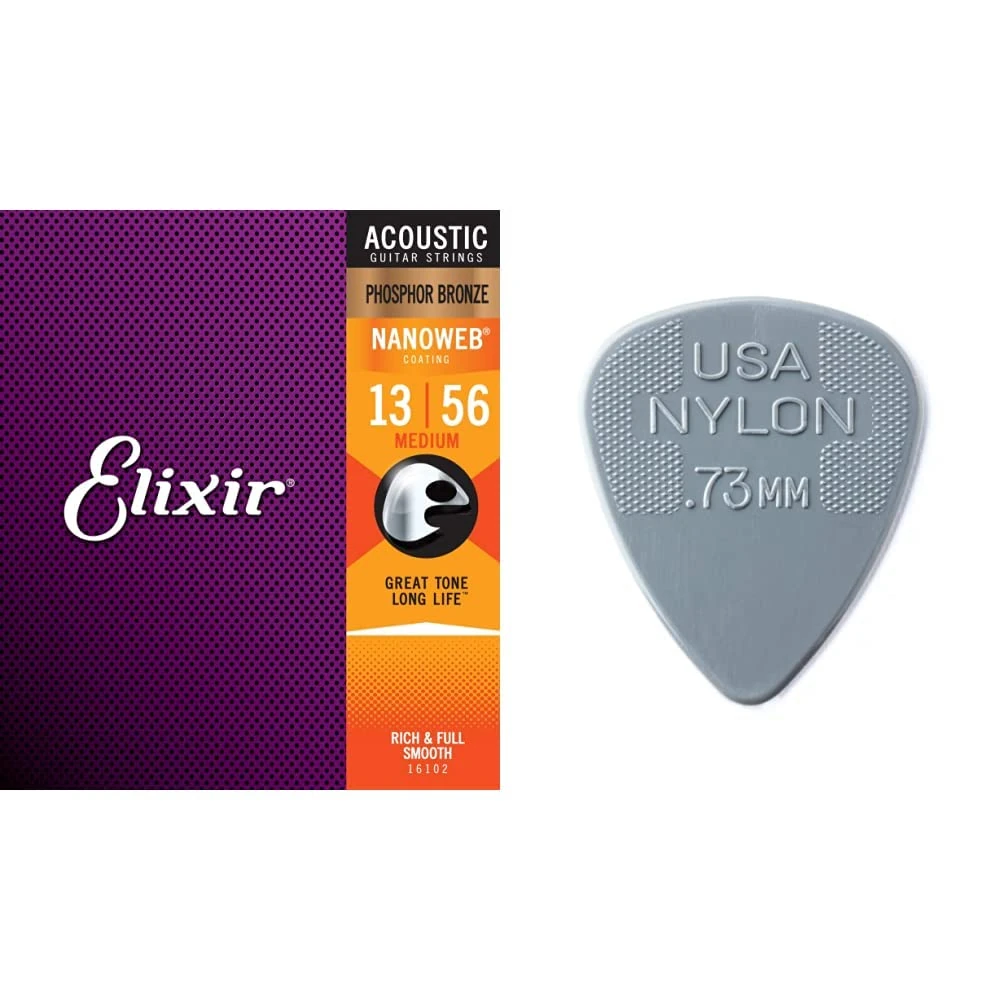 Elixir 16102 Strings Phosphor Bronze Acoustic Guitar Strings w NANOWEB Coating, Medium (.013-.056) & Jim Dunlop 44P.73 Nylon Standard Player PCS(12 PCS)