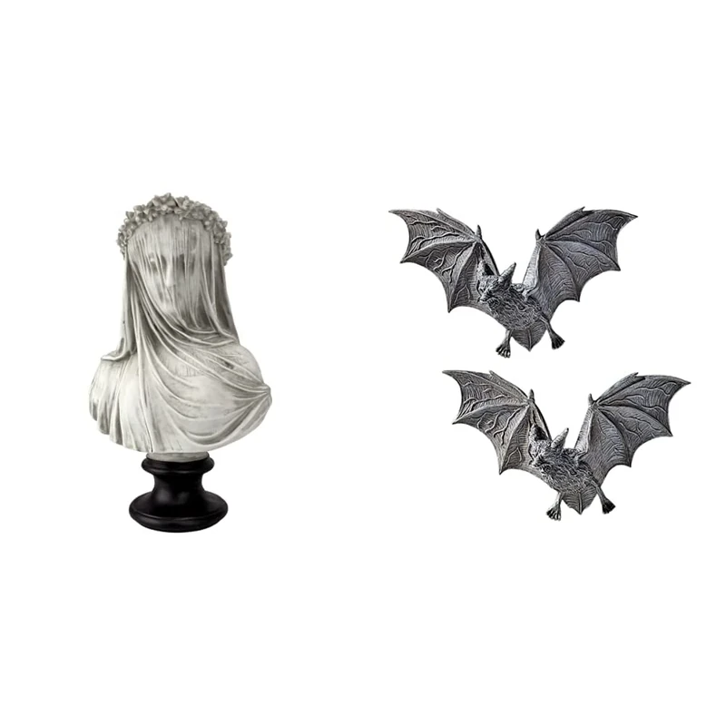 Design Toscano the Veiled Maiden Sculptural Bust & PD0054 the Vampire Bats of Castle Barbarosa Wall Sculptures - Set of 2