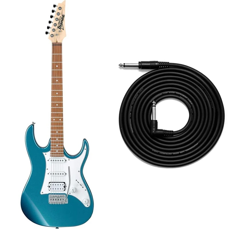 Ibanez GIO Series GRX40-MLB - Full Size Electric Guitar - Metallic Light Blue & TIGER GAC42 Guitar Bass Keyboard E-Drums Lead - Straight/Angled - 6.35mm 1/4" Jacks - 3m Cable