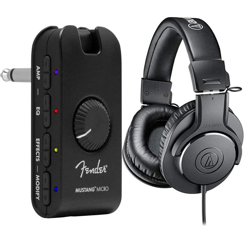 Fender Mustang Micro Amplifier & Audio-Technica M20x Professional Studio Headphones for studio recording, creators, podasts and everyday listening