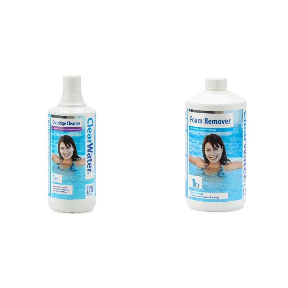 Clearwater CH0031 Filter Cartridge Cleaner Solution for Hot Tubs and Swimming Pools, Up to 20 Uses, 1 Litre & CH0007 Foam Remover for Swimming Pool and Spa Treatment, 1 Litre