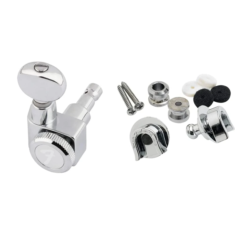Fender 990818500 Locking Stratocaster & Telecaster Tuning Machines, Chrome Vintage Buttons & Schaller Strap Locks Chrome - Pack of 2