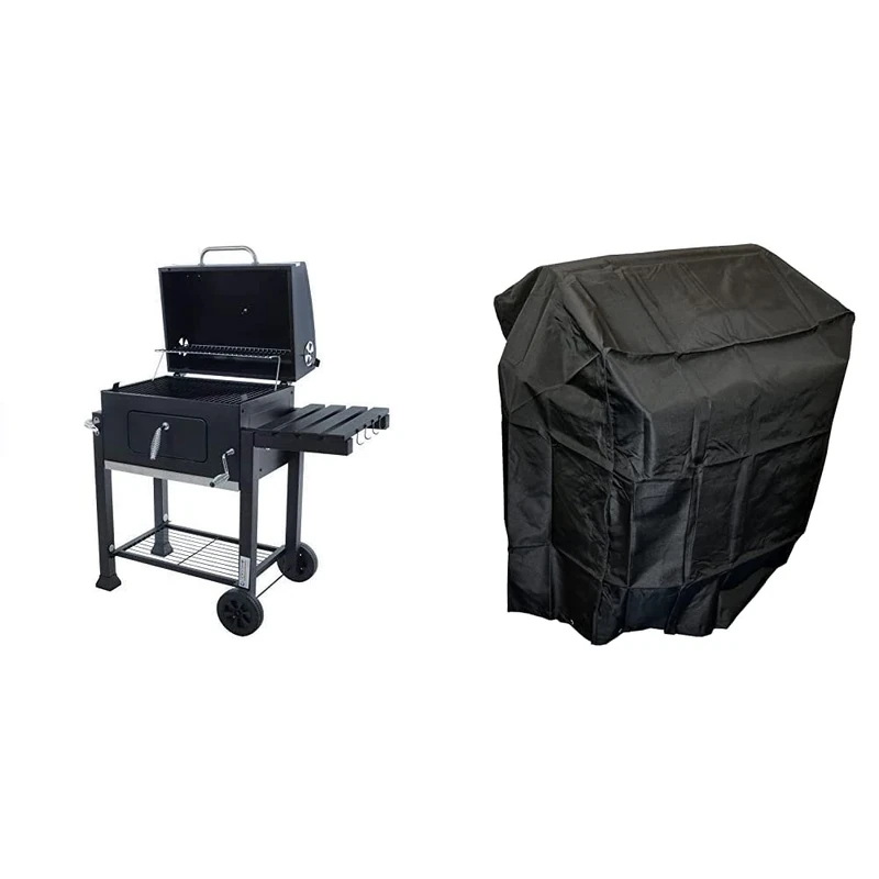 Azuma Rhino BBQ Charcoal Grill Grey Steel Portable With Wheels, Hanging Hooks & Bottle Opener & Heavy Duty Barbecue Cover Barrel