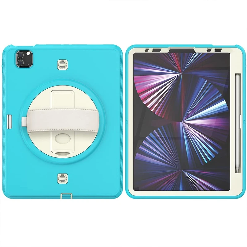 Case for iPad Pro (2018/2020/2021) 11" and Air4/5 (2020/2021) 10.9" Impact-Resistant TPU Case with Pen Slot and Shoulder Strap, Off White + Blue