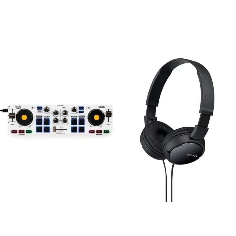 Hercules DJControl Mix – Bluetooth Wireless DJ Controller for Smartphones – 2 Decks & Sony MDR-ZX110 Overhead Headphones - Black, BASIC