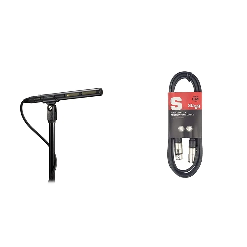 Audio-Technica AT875R Line + Gradient Condenser Microphone & Stagg SMC3 3m XLR to XLR Plug Microphone Cable, Black