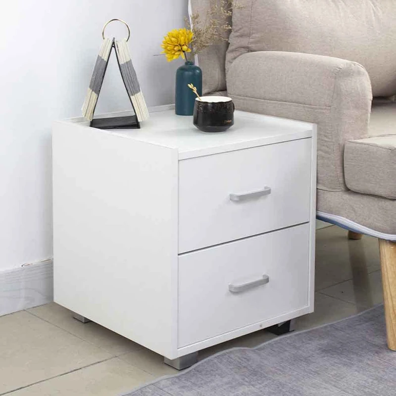 BAKAJI Simple White Wooden Bedside Table with 2 Drawers, Compact and Durable Minimal Design Cabinet, Sturdy Spacious Chest of Drawers for Bedroom Office, Size 40 x 43 x 44 cm - Image 1