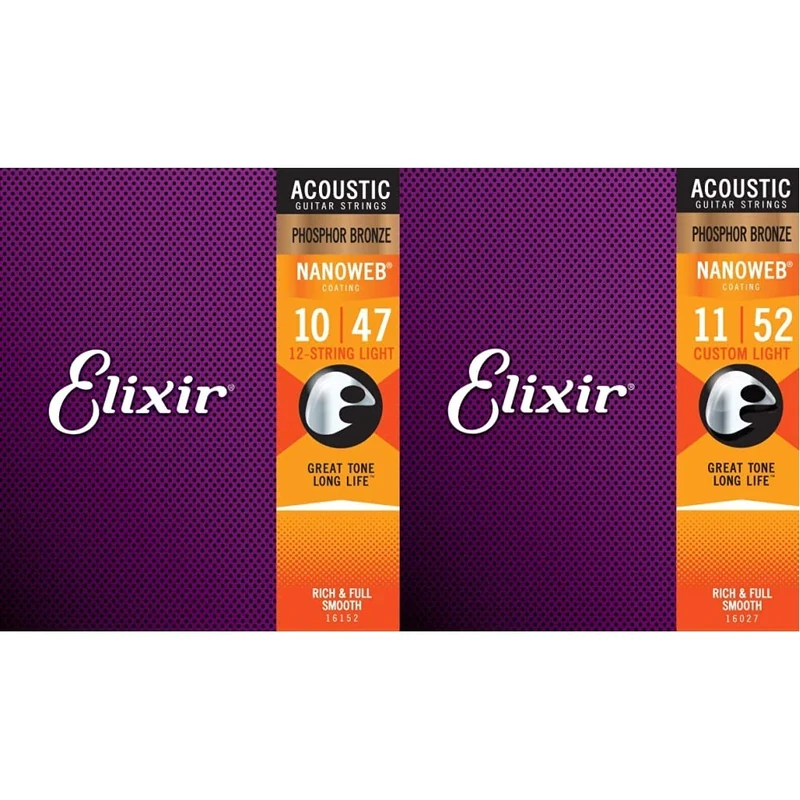 Elixir 16152 Strings Phosphor Bronze 12-String Acoustic Guitar Strings w NANOWEB Coating, Light & 16027 Strings Phosphor Bronze Acoustic Guitar Strings w NANOWEB Coating, Custom Light