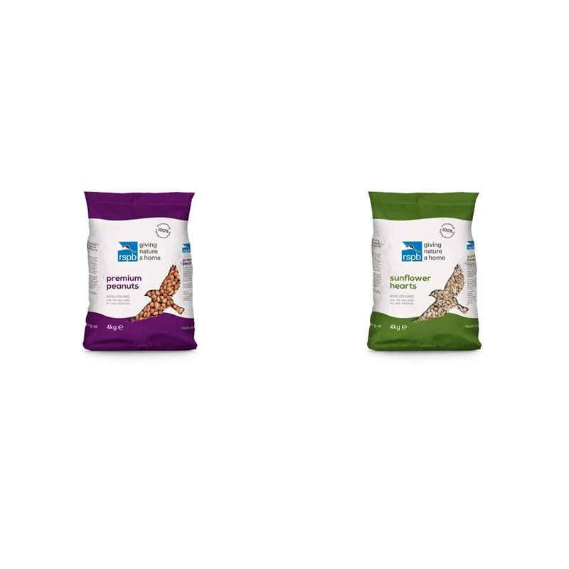 RSPB Premium Peanuts 4Kg Wild bird Food & Sunflower Hearts Wild Bird Food 4kg, High in Energy & Protein, Great For Bird Feeders, Supporting The Charity, Resealable & Recyclable Packaging