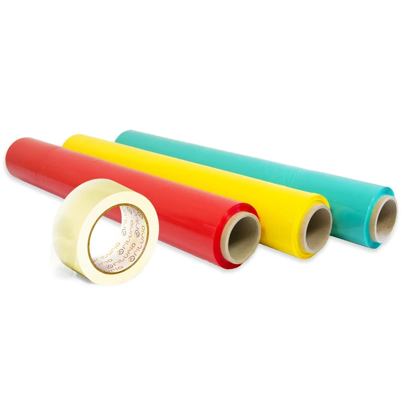 OFITURIA Pack of 3 Foil Colour Packaging + Transparent Adhesive Tape, Elastic Roll, 50 cm Extendable to 300 m, Moving and Packaging Protection - Phytourie (Red, Yellow and Green + Transparent Tape)