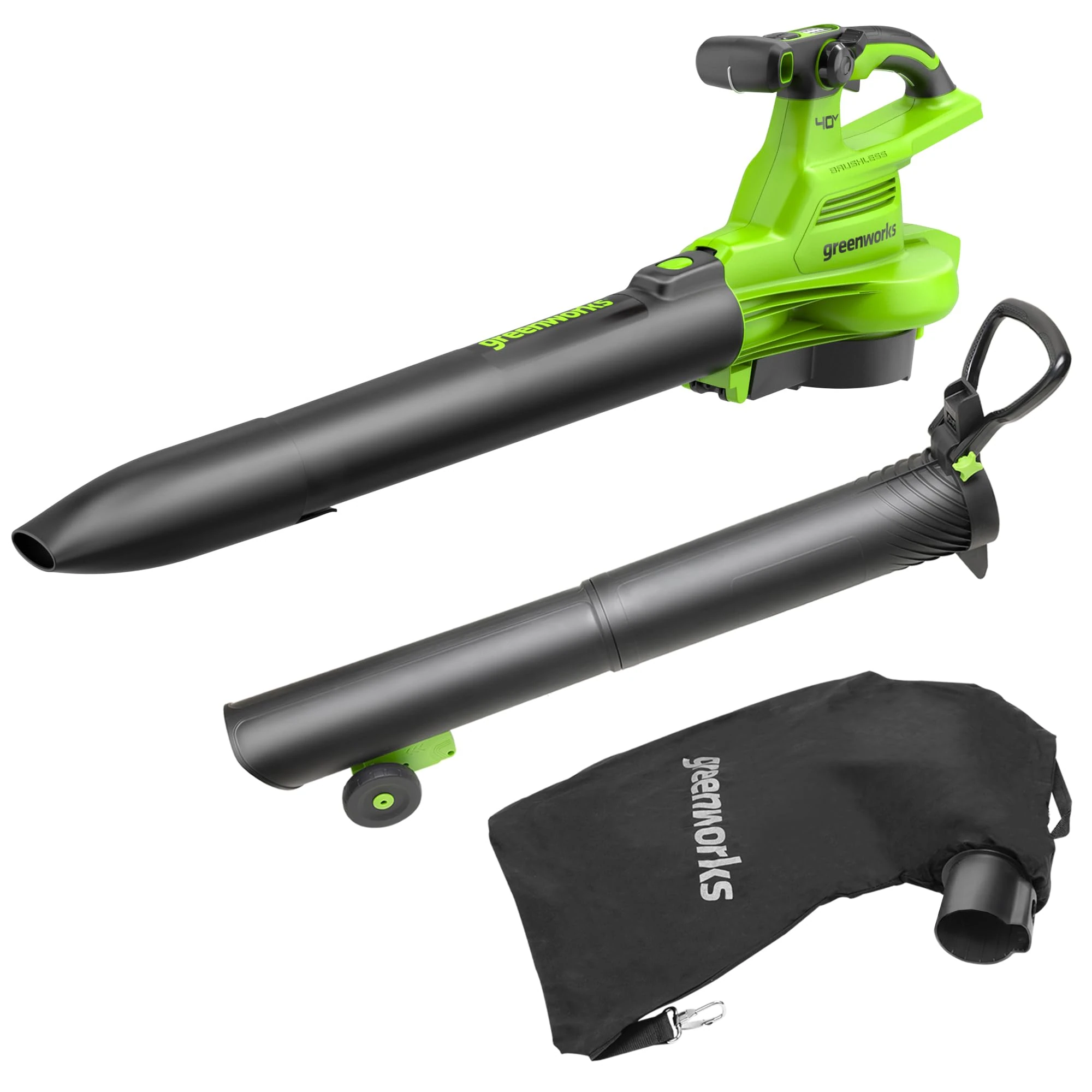 Greenworks GD40BVII Cordless Leaf Blow Vac with Brushless Motor, 370km/h, 14.17m³/min, 45L Mulching Bag WITHOUT 40V Battery & Charger, 3 Year Guarantee