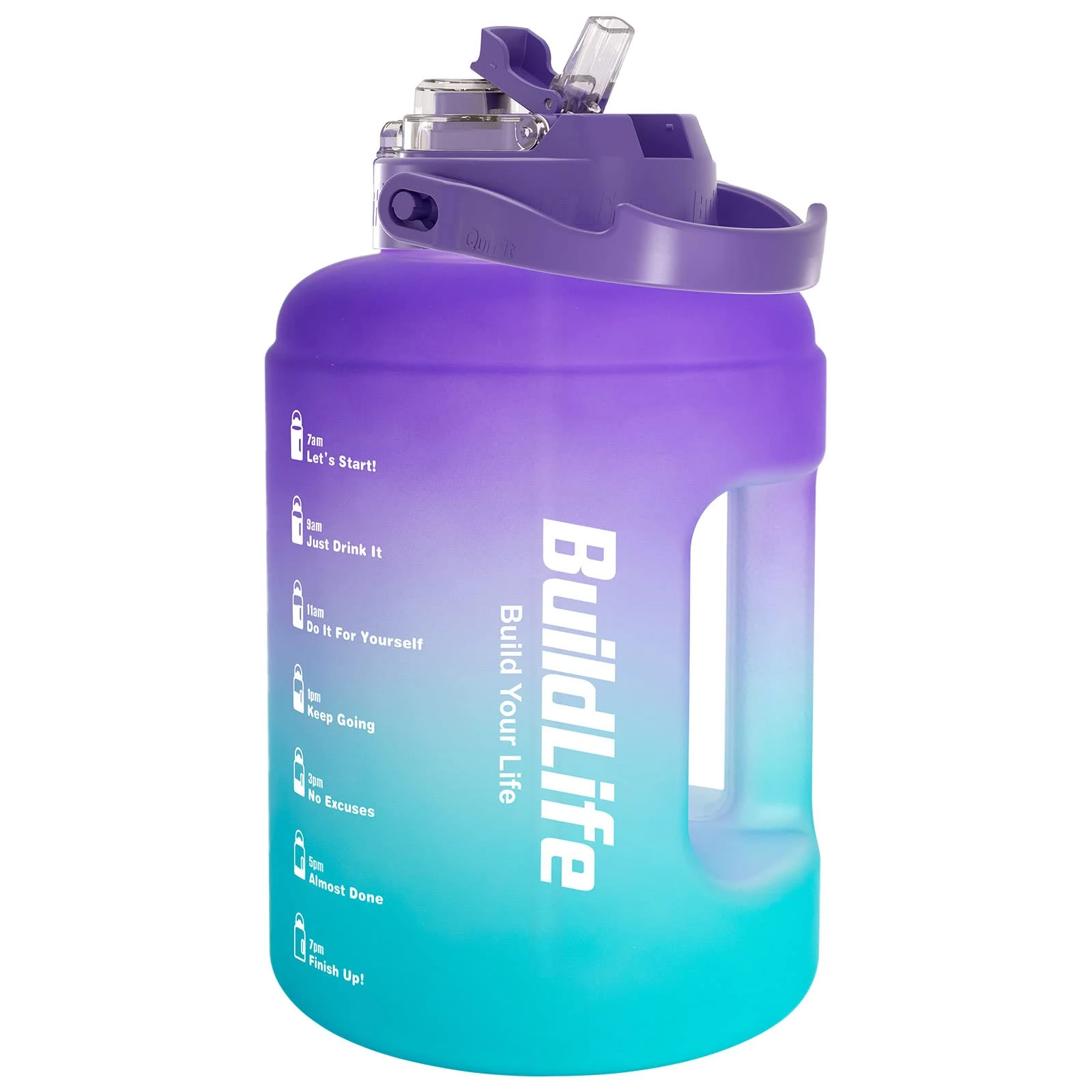 BuildLife Water Bottles with Straw & Flip Cap 2 in 1 Lid - Large Water Bottle with Time Markings BPA Free Leak Proof Wide Mouth Drinks Bottle,2.5 Litre Durable Sports Water Bottle (Purple Blue)