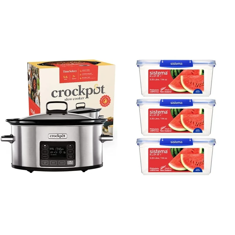 Crockpot TimeSelect Digital Slow Cooker and 3 Sistema KLIP IT PLUS 3.35L Food Storage Containers