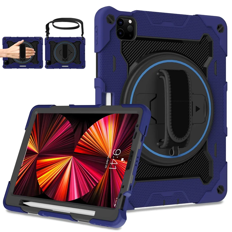 ROSROME for iPad Pro 11 inch Case 4th 3rd 2nd 1st Generation,iPad Air 5th 4th Gen 10.9 inch Case for Kids with Screen Protector 360 Stand Hand Strap, Navy Blue