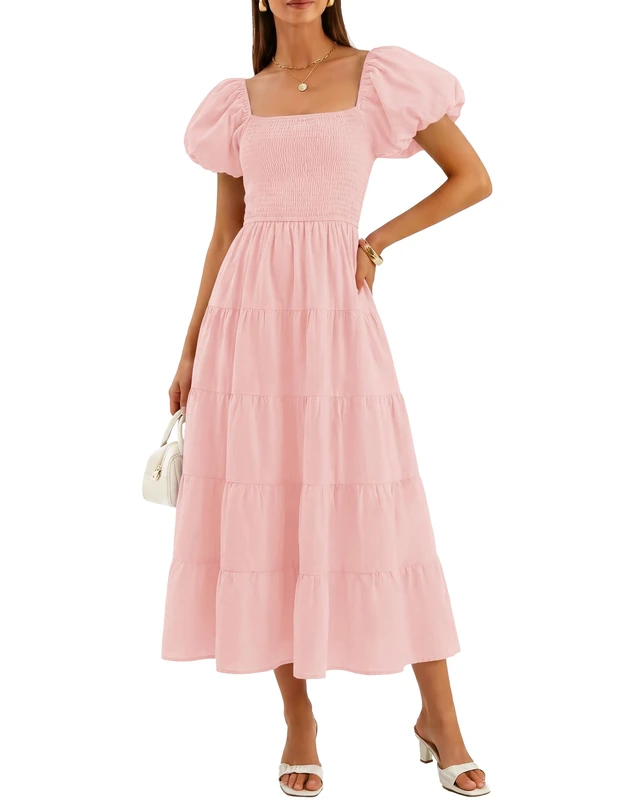 ZESICA Women's Summer Square Neck Short Puff Sleeve Solid Color High Waist Casual Smocked Flowy A Line Tiered Midi Dress, Pink, X-Large - Image 1