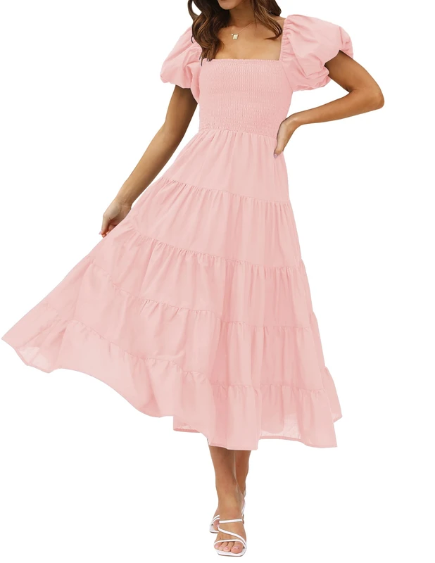 ZESICA Women's Summer Square Neck Short Puff Sleeve Solid Color High Waist Casual Smocked Flowy A Line Tiered Midi Dress, Pink, Medium