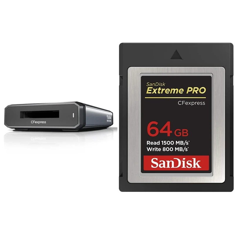 SanDisk Extreme PRO 64GB CFexpress Card Type B for RAW 4K video with the SanDisk PRO-READER CFexpress Card Reader for super-fast media transfers