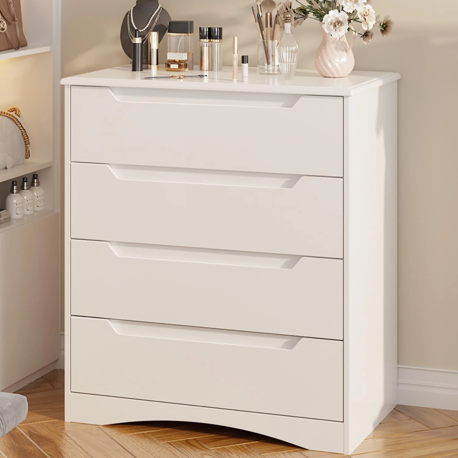 Gizoon 4 Drawer Dresser, White Chest of Drawers with Large Storage Capacity, Bedroom Dressers and Organizer with Embedded Handles and Sturdy Anti-Tripping Device, White