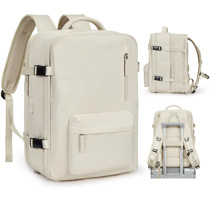 VGCUB Large Travel Backpack,Carry on Backpack for Women Men Airline Approved Gym Backpack Waterproof Business Laptop Daypack, Beige Expandable