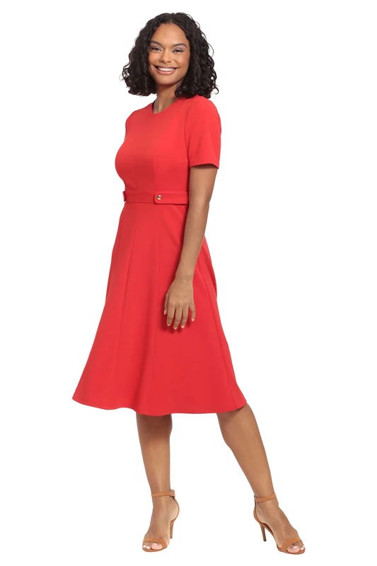 London Times Women's Knit Eyelet Short Sleeve Crepe Inset Waist Midi with Button Detail Dress, True Red, 16