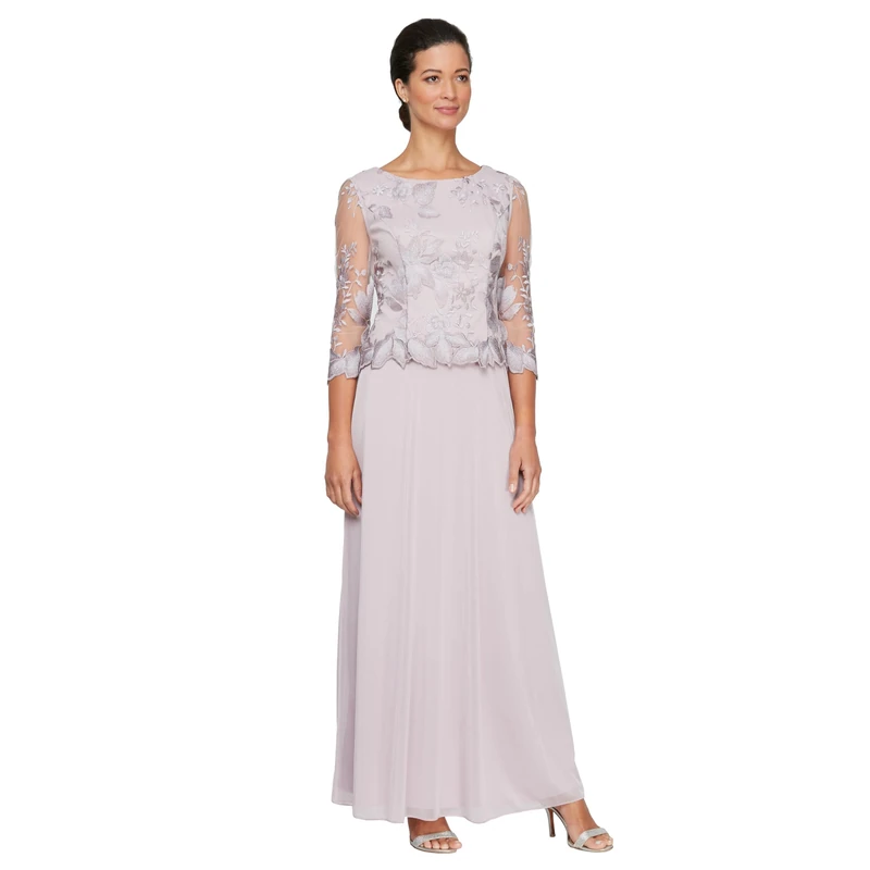 Alex Evenings Women's 3/4 Sleeve Stretch Lace Bodice Mock One Piece Gown Special Occasion Dress, Smokey Orchid Embroidery, 10