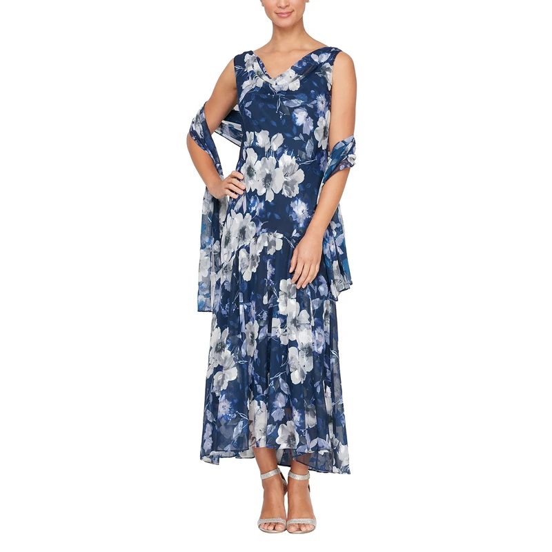 Alex Evenings Women's Sleeveless Printed Chiffon Dress with Shawl Special Occasion, Navy Floral, 16